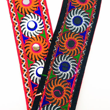 Black Cotton Fabric Trim with Multicolor Embroidery and Real Mirror, Kutch Embroidery Trim, Mirror Lace